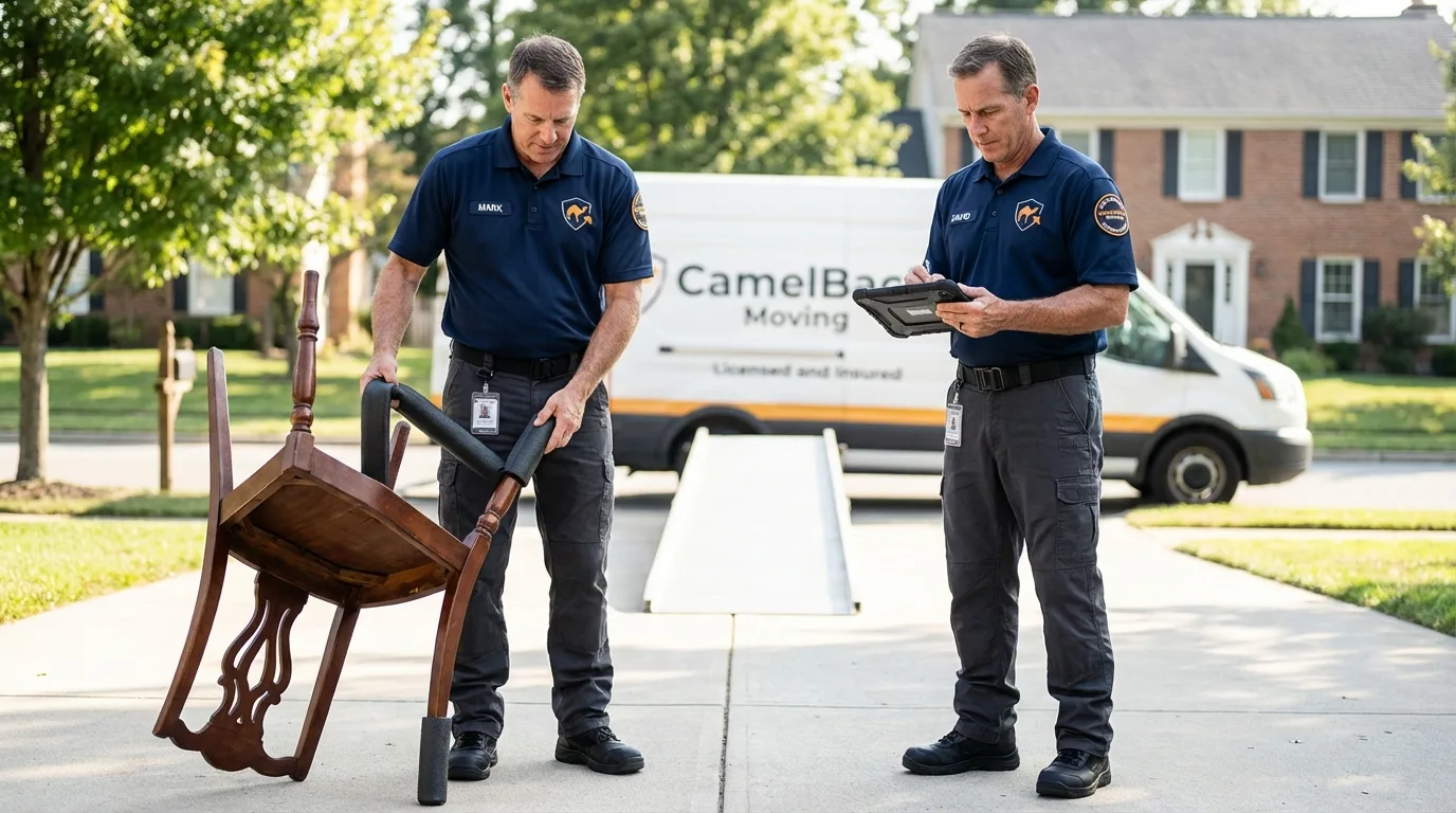 Movers inspecting furniture for damage prevention before loading in Emporium, PA