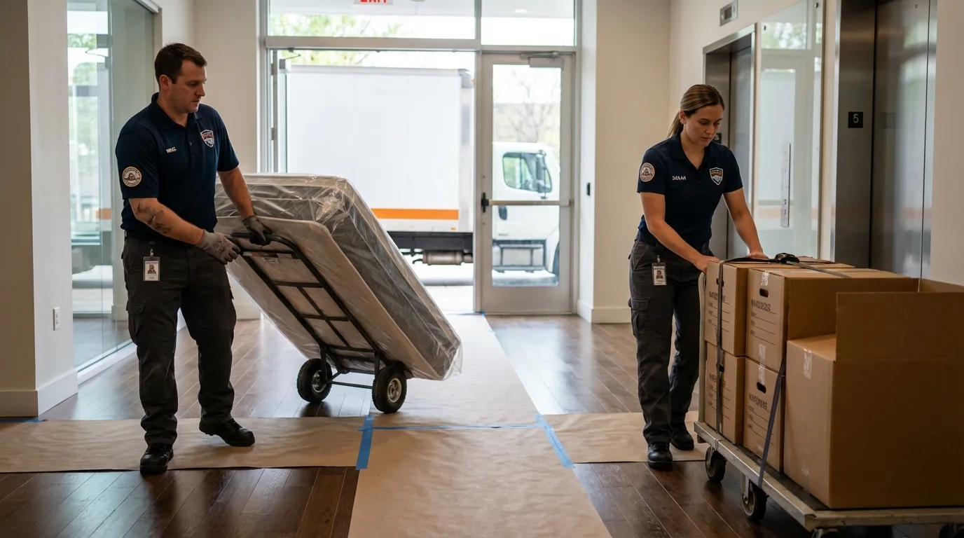 Professional apartment movers loading elevator in Emporium, PA