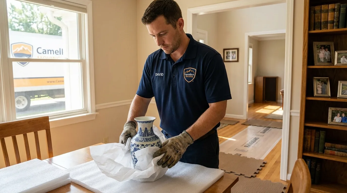 Professional crew carefully wrapping antique vase for senior downsizing move in Emporium, PA